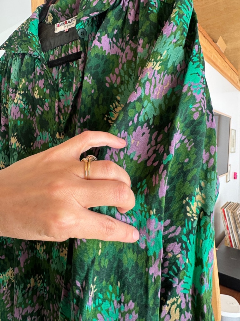Yves Saint Laurent Rive Gauche Vintage Green & Purple Floral Dress (7.5-8, M) - Picture 7 of 12